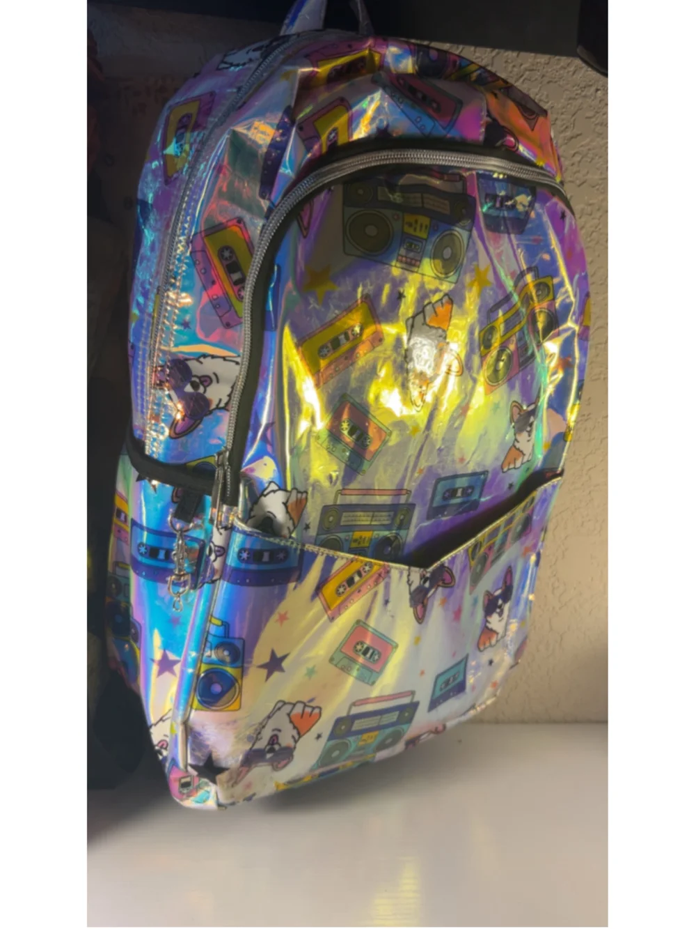 Women's Unbranded Corgi Print Holographic Backpack One Size Blue Multi-color